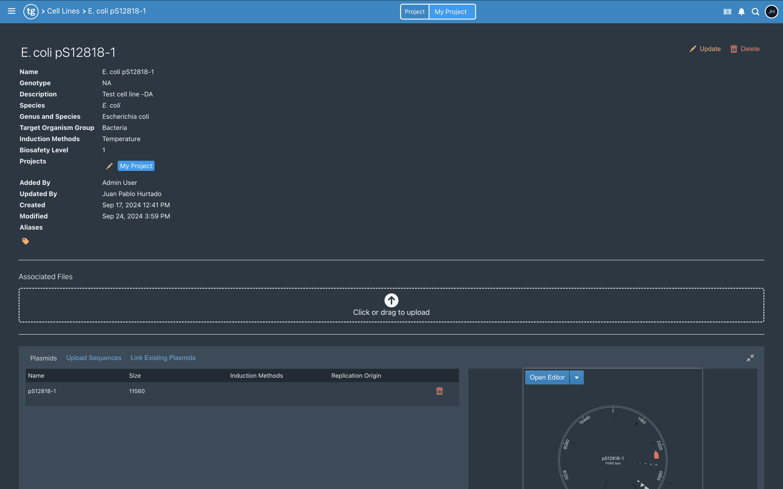 Strain registry view in TeselaGen